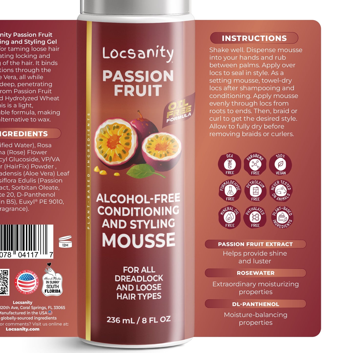 Locsanity Passion Fruit Alcohol-Free Conditioning and Styling Mousse, Rolling, Twisting, Locking Mousse- Dreadlocks, Locs, Sisterlocks, Loose Natural Hair, Braidlocs