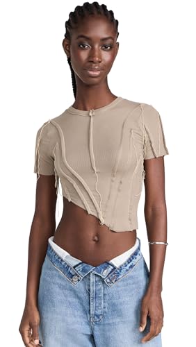 Sami Miro Vintage Women's Asymmetric Short Sleeve Tee, Taupe, Tan, XL