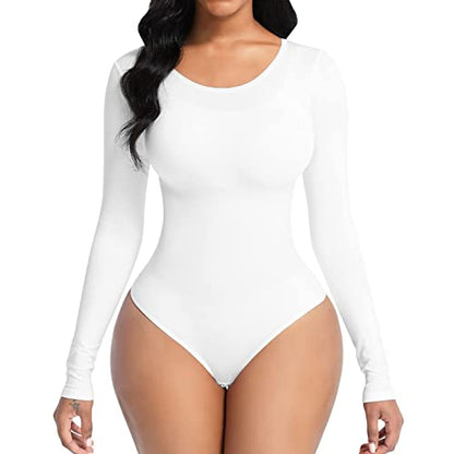 Soo slick Bodysuit for Women Fall Clothes for Women 2024 - Body Shaper Long Sleeve Crew Neck Thong Body Shaping Tops