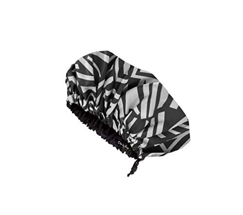 Glow by Daye Satin Lined Shower Cap, Adjustable and Waterproof with Satin Interior for Hair Protection, Large, Black and White