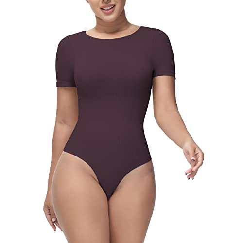 Soo slick Shapewear Bodysuit for Women Tummy Control Tops Crew Neck Short Sleeve Thong Sculpting Clothing with Removable Padding and Straps (Brown Small)