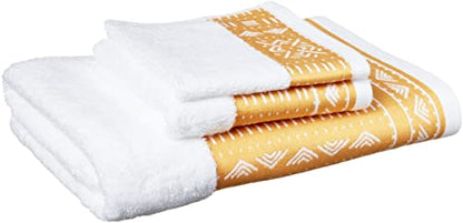 Eclipse Home OBI-Mustard Yellow Bathroom Towel Set - Pure Cotton Bath Towels - Soft, Fluffy Super Absorbent Cloths for Shower, Beach - African Mud Cloth Patterned - Set of 3 Luxury Bathroom Towels