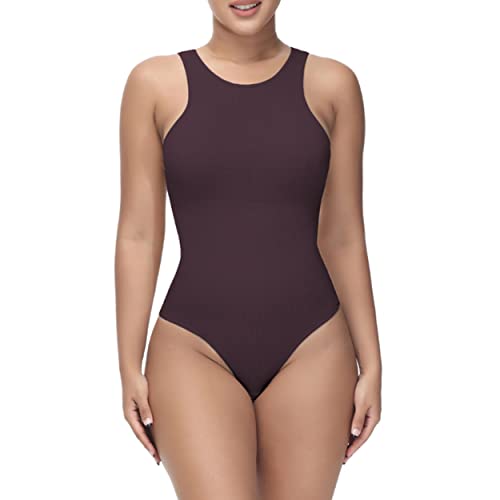 Soo slick Shapewear Bodysuit for Women Tummy Control Tops High Neck Sleeveless Bodysuit Thong Sculpting with Removable Padding Body Shaper (Brown X-Small)