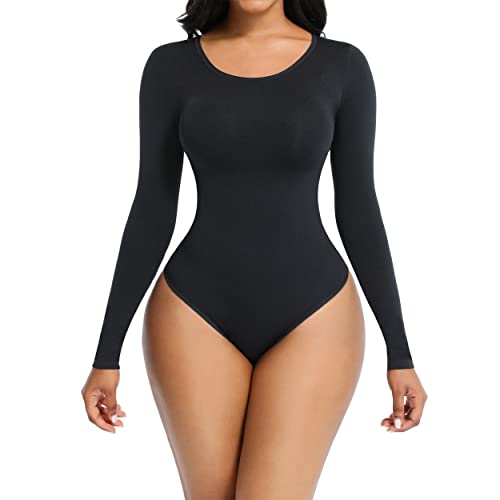 Seamless Shapewear Bodysuit for Women - Fits Everybody Long Sleeve Crew Neck bodyshaper Thong Body Shaping Sculpting Top