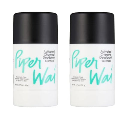 PiperWai Natural Deodorant w/Activated Charcoal | Odor Protection, Vegan, Aluminum Free Deodorant for Women & Men | Travel Essential Shark Tank Product | 50g Unscented Stick 2-Pack
