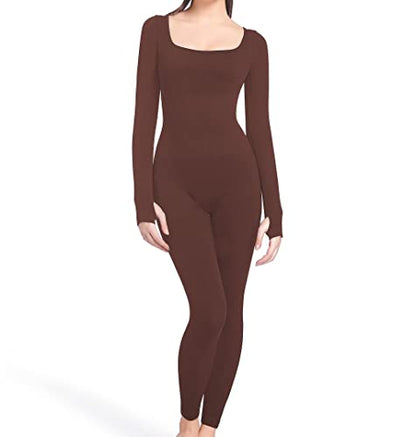 Soo slick Jumpsuits for Women Tummy Control- Long Sleeve Sculpting Full Bodysuit | Square Neck Ribbed One Piece Dupes Brown Medium