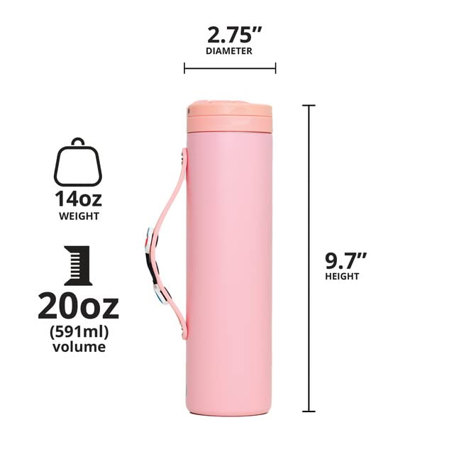 Elemental Iconic Kids Water Bottle with Straw Lid & Charms Strap, Leak-Proof When Closed, Triple Insulated Stainless Steel Reusable Thermos Water Bottle - 20oz, Rose