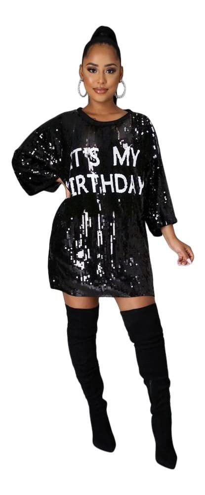 2Chique Boutique Women’s Sequin T Shirt Dress Birthday Queen One Size Mini Dress Black/AB