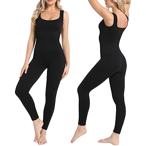 Sleeveless Ribbed Square Neck Jumpsuits for Women Tummy Control | One-Piece Shapewear Workout Rompers (Small)