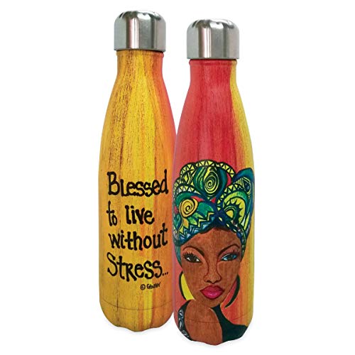 Shades of Color African American Stainless Steel Water Bottle, Highlighting Black Culture Through Beautiful Art: Blessed To Live Without Stress, 17 ounces (SSB170)