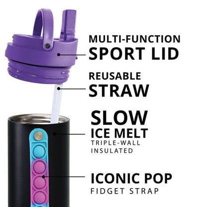 Elemental Iconic Kids Water Bottle with Straw Lid & Stress Reliever Pop It Handle, Leak-Proof When Closed, Triple Insulated Stainless Steel Reusable Thermos Water Bottle, 20oz - Dragon