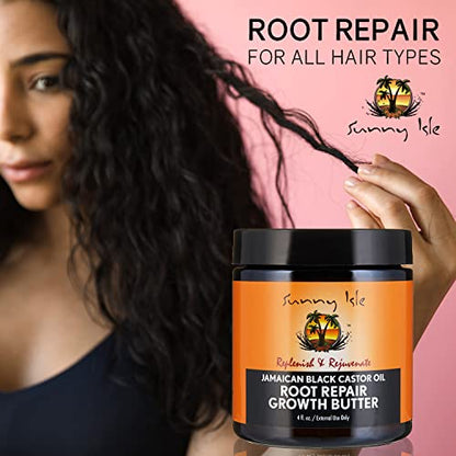 Sunny Isle Jamaican Black Castor Oil Root Repair Growth Butter 4oz | Restores & Revitalizes ALL Damaged Hair Types | Nutrient-Rich, Stimulates Hair Growth | Fights Dry, Itchy, Flaky Scalp