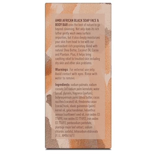 Ambi African Black Soap Face & Body Bar, Cleans and Nourishes Skin, Rinses Clear, 5.3 Ounce