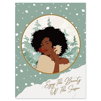 Shades of Color Enjoy The Beauty Of The Season African American Christmas Cards 5 x 6.75 inches, 15 Cards and Envelopes (X23-180)