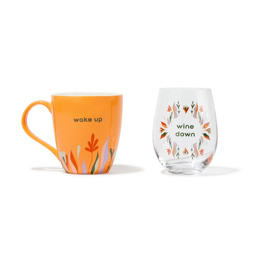 BE ROOTED Early Mornings & Late Nights Coffee Mug & Wine Glass Set