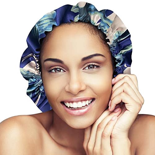 Glow By Daye Satin Bonnet, Double-Layered and Adjustable Satin Sleep Cap, Extra Large, Reversible St. Lucia Navy (Navy Floral)