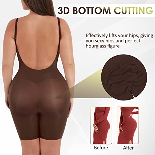 Shapewear Bodysuit for Women - Tummy Control Butt Lifter Open Back Mid Thigh Seamless Full Body Shaper Women's Shaping Tops Brown