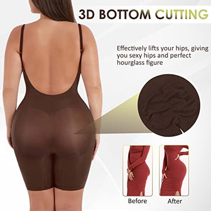 Shapewear Bodysuit for Women - Tummy Control Butt Lifter Open Back Mid Thigh Seamless Full Body Shaper Women's Shaping Tops Brown