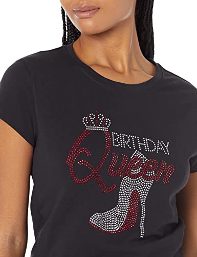 2Chique Boutique Women's Birthday Queen with Red Shoe and Crown Top Rhinestone Crew Neck T Shirt Size S-3X (Medium)