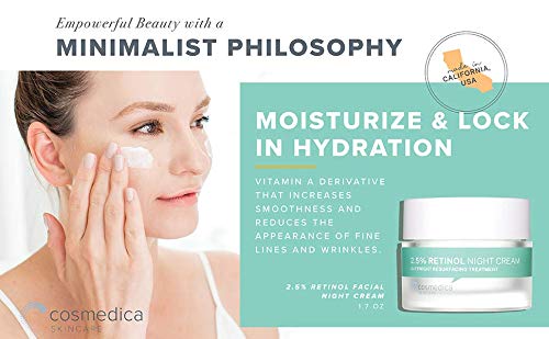 Cosmedica Skincare Retinol Night Cream - Daily Moisturizing Facial Lotion Night Cream. The best Retinol Cream with Vit A and Hyaluronic Acid to target skin concerns from Acne to Wrinkles (1.7oz)