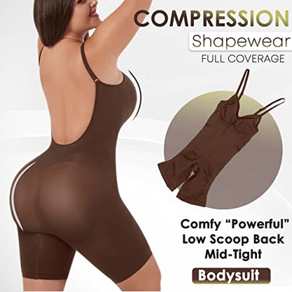 Shapewear Bodysuit for Women - Tummy Control Butt Lifter Open Back Mid Thigh Seamless Full Body Shaper Women's Shaping Tops Brown