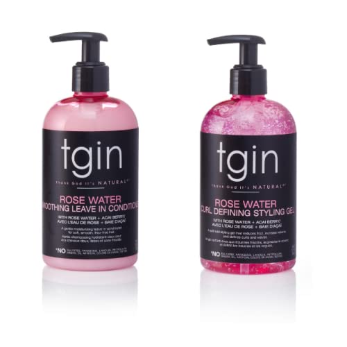 tgin Rose Water Smoothing Leave-In Conditioner & Rose Water Defining Styling Gel for Curly, Coily and Wavy Hair, Lightweight Moisture and Curl Definition, 13 oz (Set)