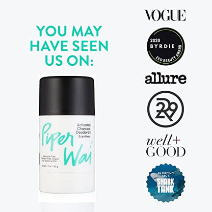 PiperWai Natural Deodorant w/Activated Charcoal | Odor Protection, Vegan, Aluminum Free Deodorant for Women & Men | Travel Essential Shark Tank Product | 50g Unscented Stick 2-Pack