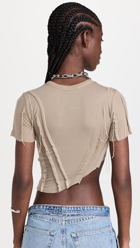 Sami Miro Vintage Women's Asymmetric Short Sleeve Tee, Taupe, Tan, XL
