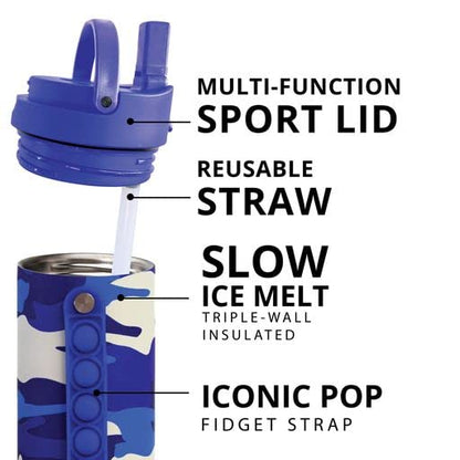 Elemental Iconic Kids Water Bottle with Straw Lid & Stress Reliever Pop It Handle, Leak-Proof When Closed, Triple Insulated Stainless Steel Reusable Thermos Water Bottle, 20oz - Blue Camo