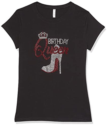 2Chique Boutique Women's Birthday Queen with Red Shoe and Crown Top Rhinestone Crew Neck T Shirt Size S-3X (Medium)