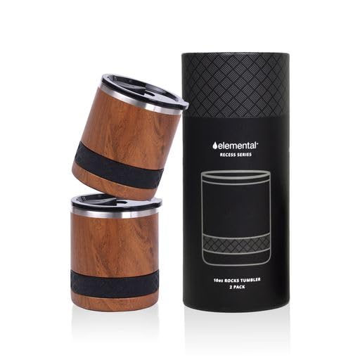 Elemental Recess Lowball Tumbler Set of 2, 10oz Triple Wall Stainless Steel Cup with Non-Shattered Tritan Lid, Insulated Whiskey Glass, Insulated Coffee Tumbler Mug for Hot & Cold Drinks - Teakwood