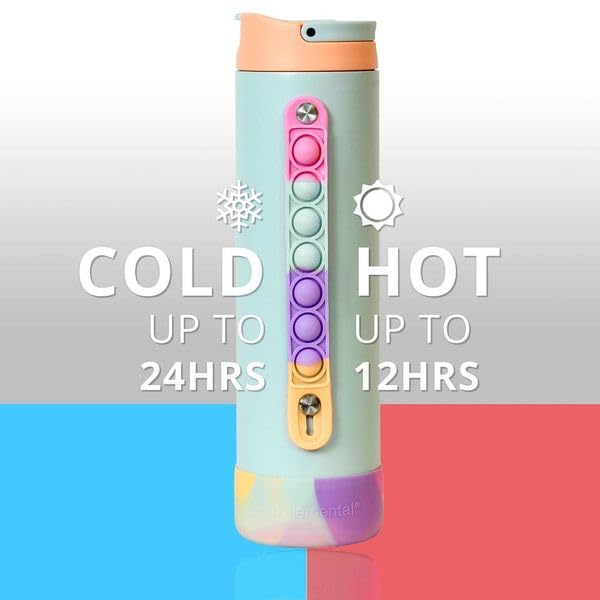 Elemental Iconic Kids Water Bottle with Straw Lid & Stress Reliever Pop It Handle, Leak-Proof When Closed, Triple Insulated Stainless Steel Reusable Thermos Water Bottle, 20oz - Mint Sorbet