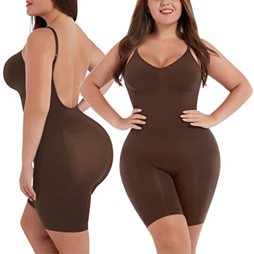 Shapewear Bodysuit for Women - Tummy Control Butt Lifter Open Back Mid Thigh Seamless Full Body Shaper Women's Shaping Tops Brown