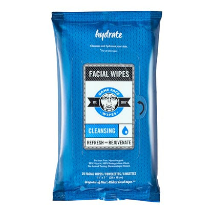 Game Face Cleansing Face Wipes 25 Count Pack XL Size 100% Compostable, Naturally Formulated and Lightly Scented Hydrating, Refreshing, and Rejuvenating for Athletic, Sport, and On The Go Needs.