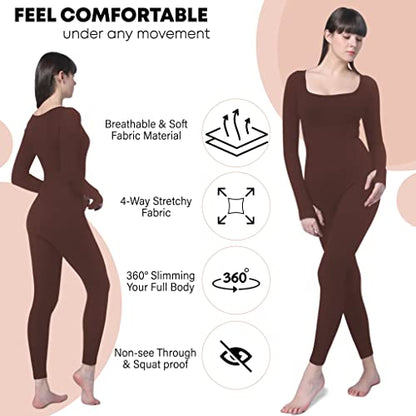 Soo slick Jumpsuits for Women Tummy Control- Long Sleeve Sculpting Full Bodysuit | Square Neck Ribbed One Piece Dupes Brown Medium