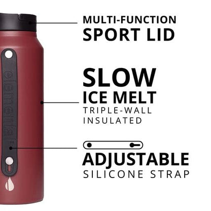 Elemental Iconic Stainless Steel Water Bottle with Straw - 32 oz Leak Proof Triple Wall Insulated Water Bottles for Travel and Sports - Reusable Water Bottle with 2 Straws - Burgundy