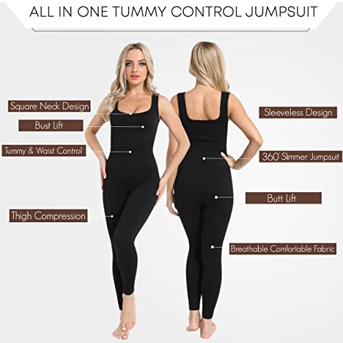 Sleeveless Ribbed Square Neck Jumpsuits for Women Tummy Control | One-Piece Shapewear Workout Rompers (Small)