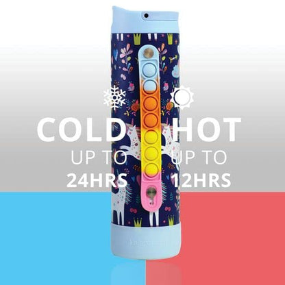 Elemental Iconic Kids Water Bottle with Straw Lid & Stress Reliever Pop It Handle, Leak-Proof When Closed, Triple Insulated Stainless Steel Reusable Thermos Water Bottle, 20oz - Unicorn