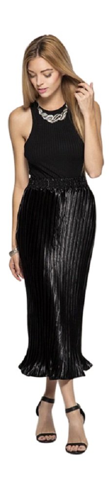 2Chique Boutique Women's Black Metallic Foil Pleated Midi Skirt (Medium)