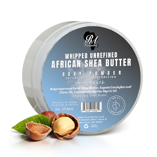 RA Cosmetics Whipped Shea Butter Baby Powder - 6oz | 100% Pure & Natural African Shea Butter for Men & Women - Ultimate Handcrafted Moisturizer with Essential Vitamins for Radiant Skin & Luscious Hair