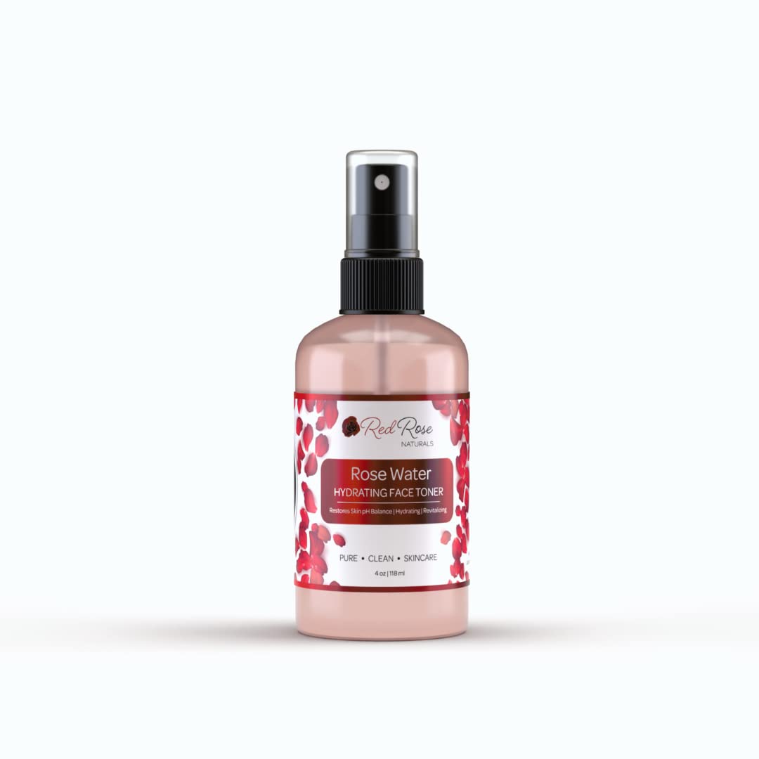 Red Rose Naturals Rosewater Toner, 100% Natural Hydrating Rose Water for Hair and Face, Gentle Formula, Suitable Sensitive Skin, Alcohol Free 4 oz. Spray Bottle