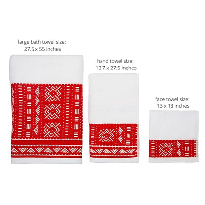 Eclipse Home OBI-Carmine Red Bathroom Towel Set - Pure Cotton Bath Towels - Soft, Fluffy Super Absorbent Cloths for Shower, Beach, Kitchen - African Mud Cloth Patterned - Set of 3 Luxury Washcloths