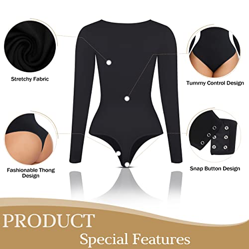 Seamless Shapewear Bodysuit for Women - Fits Everybody Long Sleeve Crew Neck bodyshaper Thong Body Shaping Sculpting Top