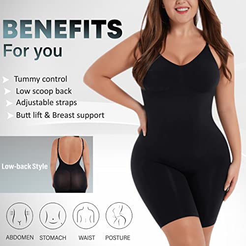 Shapewear Bodysuit for Women - Tummy Control Butt Lifter Open Back Mid Thigh Seamless Full Body Shaper Women's Shaping Tops Black