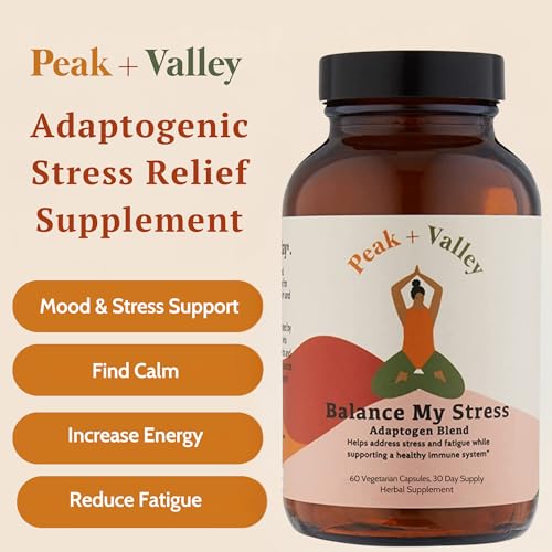 Peak + Valley Stress Relief Supplement for Mood Support Balance My Stress Capsules - Contains Adaptogens, Ashwagandha, Eleuthero Root, Reishi Mushroom Supplement - Natural Mood Stabilizer - 60 Ct