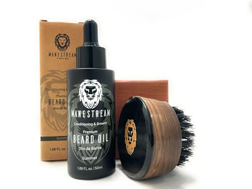 Premium Handmade Round Oxhorn Medium Stiff Natural Boar Bristle Men’s Travel Beard and Hair Care Brush with Beard Oil - Orange