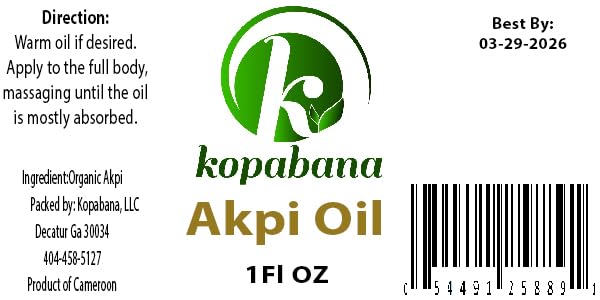KOPABANA Akpi Oil | Ndjansan | Ricinodendron heudelotii |Cold Pressed | Organic| Extra Virgin | Massage Oil 1oz