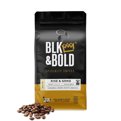 BLK & Bold Whole Bean Coffee, Rise & GRND Premium Medium Roast, 100% Arabica Beans, 12 oz Bag