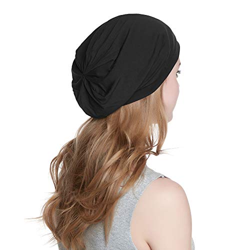 Alnorm Cozy Satin Lined Slouchy Beanie Cap with Soft Elastic Band for Women Black