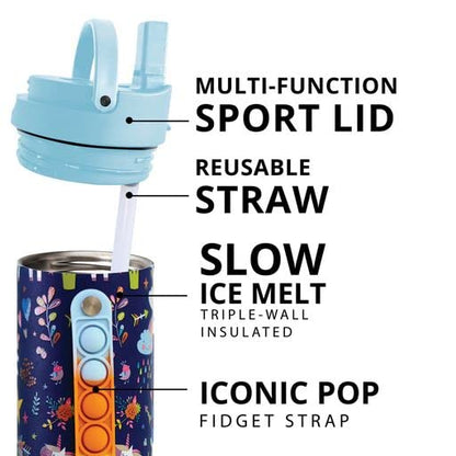 Elemental Iconic Kids Water Bottle with Straw Lid & Stress Reliever Pop It Handle, Leak-Proof When Closed, Triple Insulated Stainless Steel Reusable Thermos Water Bottle, 20oz - Unicorn